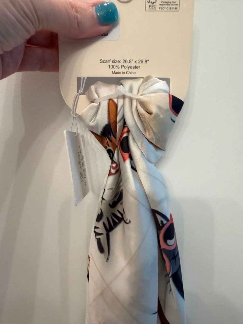NWT- Adorable Fall Brown & White Silk-Look Cat Print Scarf